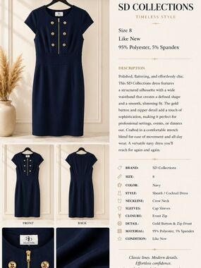 SD Collection Navy Sheath Dress with Gold Button Accents